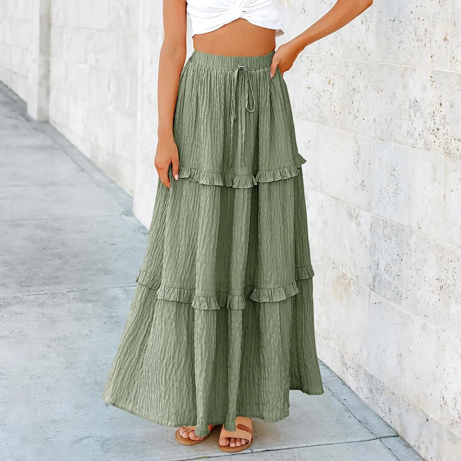 Pleated Skirts for Women Summer Boho Flowy Swing Ruffle Tiered A-Line Drawstring Elastic Waist Long Midi Skirt Dress