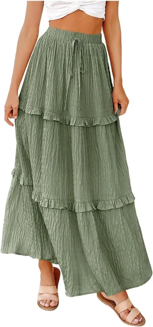 Pleated Skirts for Women Summer Boho Flowy Swing Ruffle Tiered A-Line Drawstring Elastic Waist Long Midi Skirt Dress