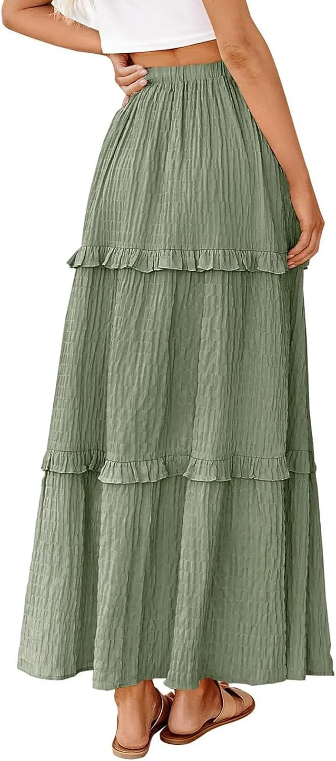 Pleated Skirts for Women Summer Boho Flowy Swing Ruffle Tiered A-Line Drawstring Elastic Waist Long Midi Skirt Dress