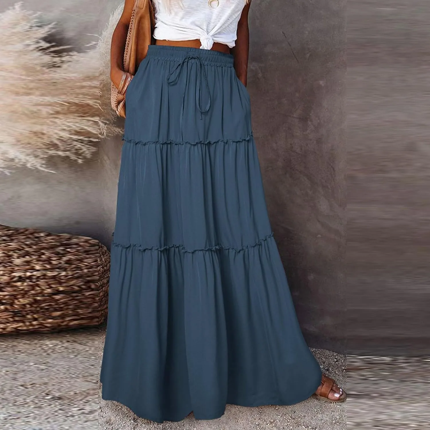 Pleated Skirts for Women Trendy Flowy Maxi Skirts Drawstring Elastic High Waisted Skirts Casual Tiered Ruffle Skirt