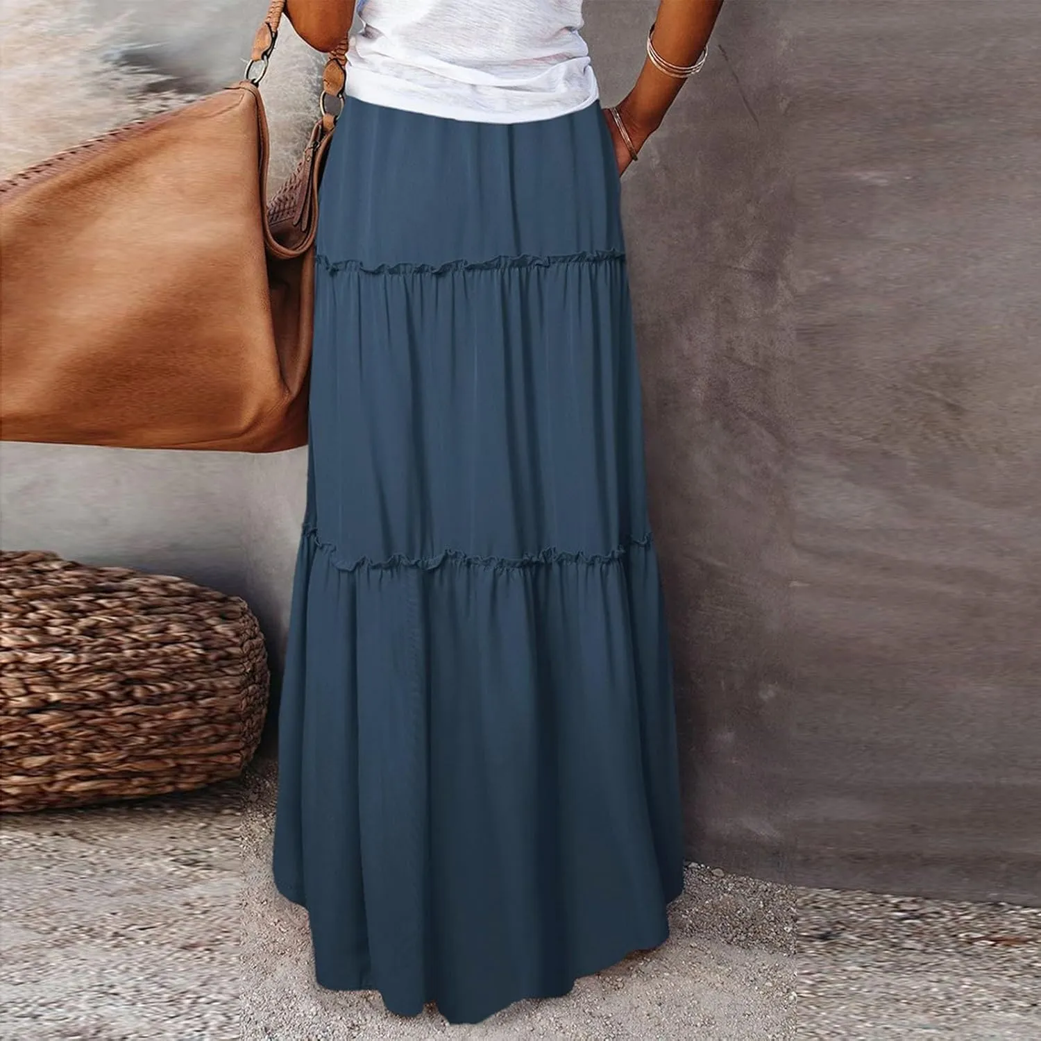 Pleated Skirts for Women Trendy Flowy Maxi Skirts Drawstring Elastic High Waisted Skirts Casual Tiered Ruffle Skirt