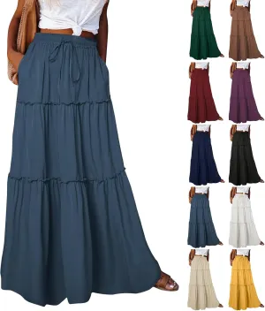 Pleated Skirts for Women Trendy Flowy Maxi Skirts Drawstring Elastic High Waisted Skirts Casual Tiered Ruffle Skirt
