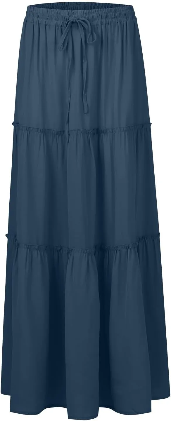 Pleated Skirts for Women Trendy Flowy Maxi Skirts Drawstring Elastic High Waisted Skirts Casual Tiered Ruffle Skirt