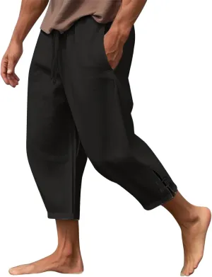 Plus Size Cropped Pants Men Summer Drawstring Elastic Waist Pants Crop Linen Pants with Pockets Hippie Harem Pants