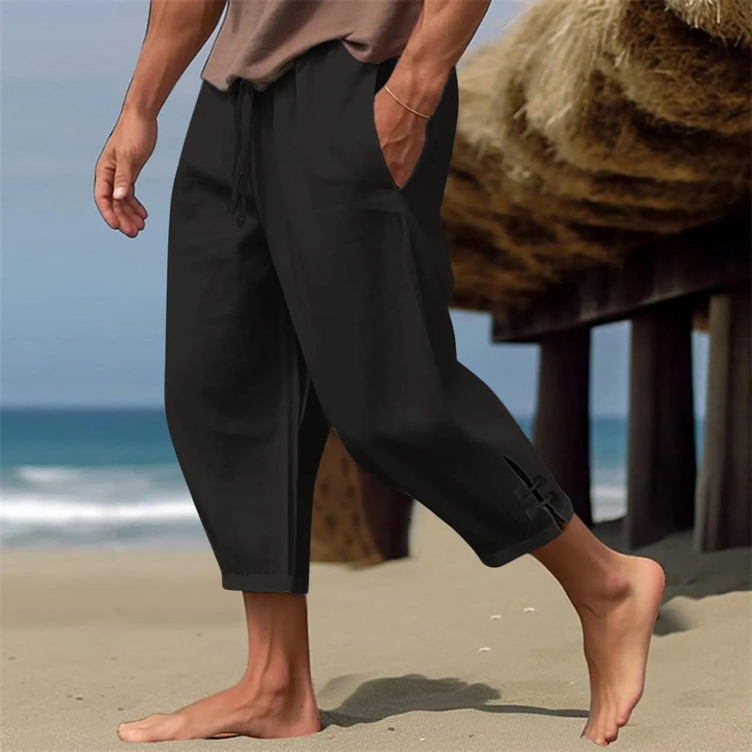 Plus Size Cropped Pants Men Summer Drawstring Elastic Waist Pants Crop Linen Pants with Pockets Hippie Harem Pants