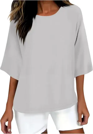 Plus Size Drop Shoulder Tunic Tops Women Cotton Linen Basic Crewneck T Shirts Summer Casual Loose Fit Beach Vacation Blouses