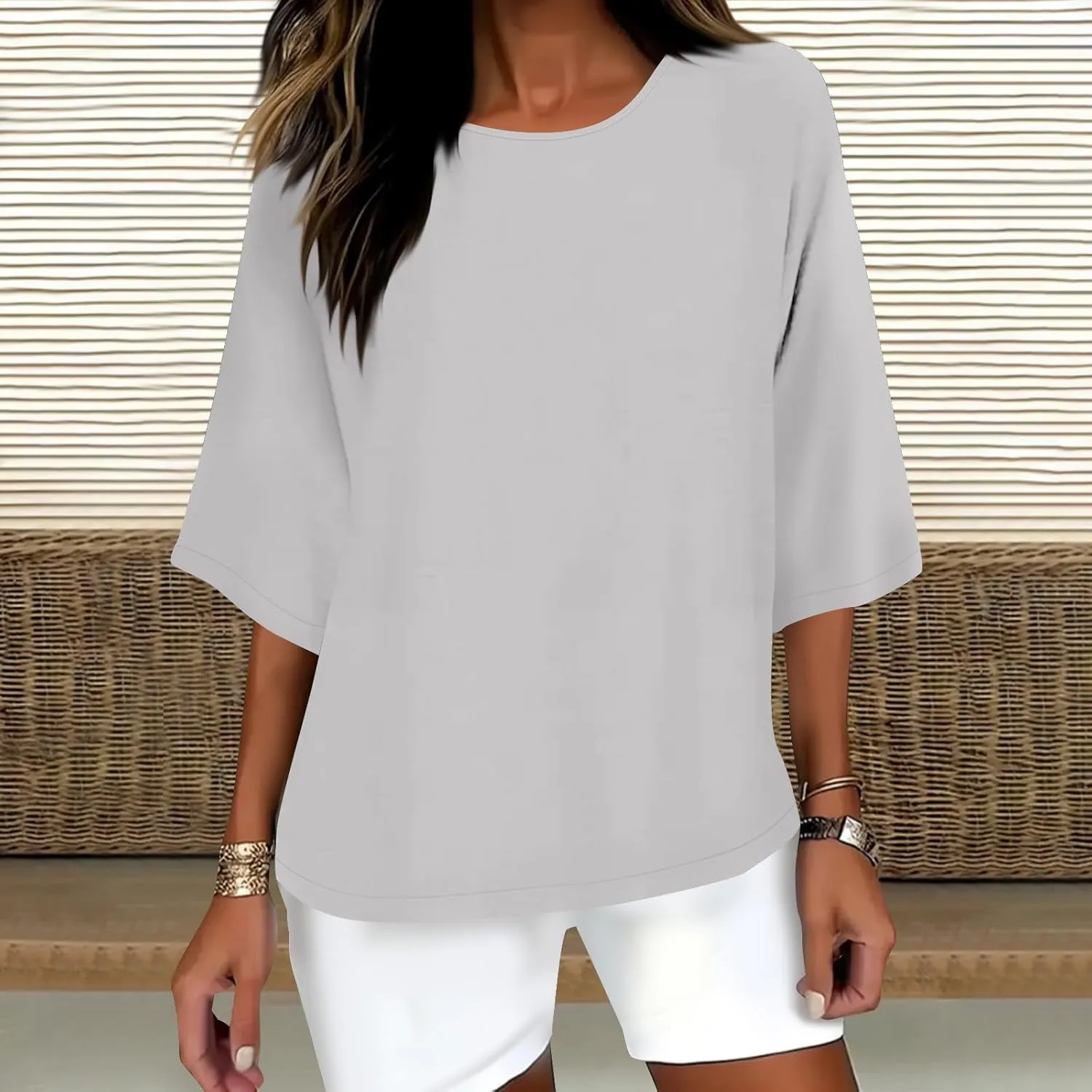 Plus Size Drop Shoulder Tunic Tops Women Cotton Linen Basic Crewneck T Shirts Summer Casual Loose Fit Beach Vacation Blouses