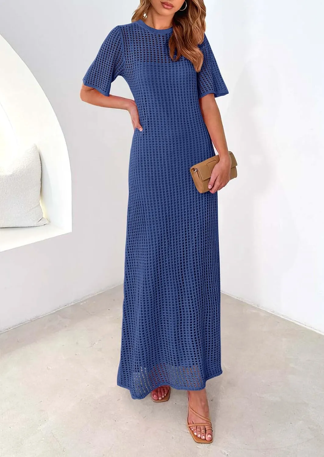 PRETTYGARDEN Womens Eyelet Cover Up Dress 2025 Summer Vacation Resort Maxi Dresses Beach Short Sleeve Hollow Out Sundress