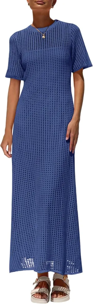 PRETTYGARDEN Womens Eyelet Cover Up Dress 2025 Summer Vacation Resort Maxi Dresses Beach Short Sleeve Hollow Out Sundress