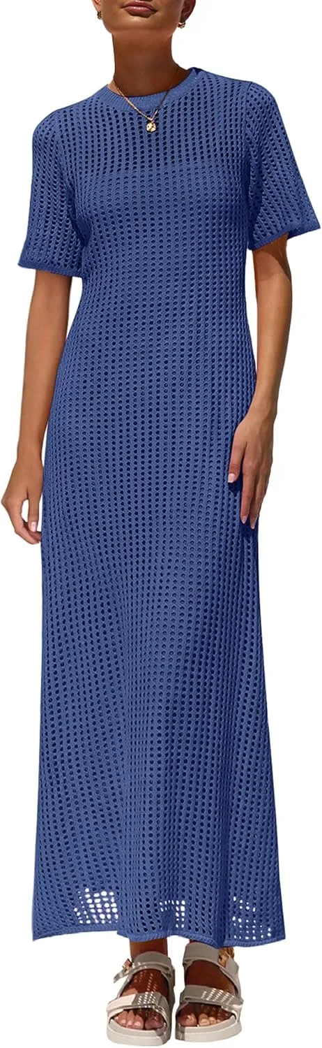 PRETTYGARDEN Womens Eyelet Cover Up Dress 2025 Summer Vacation Resort Maxi Dresses Beach Short Sleeve Hollow Out Sundress