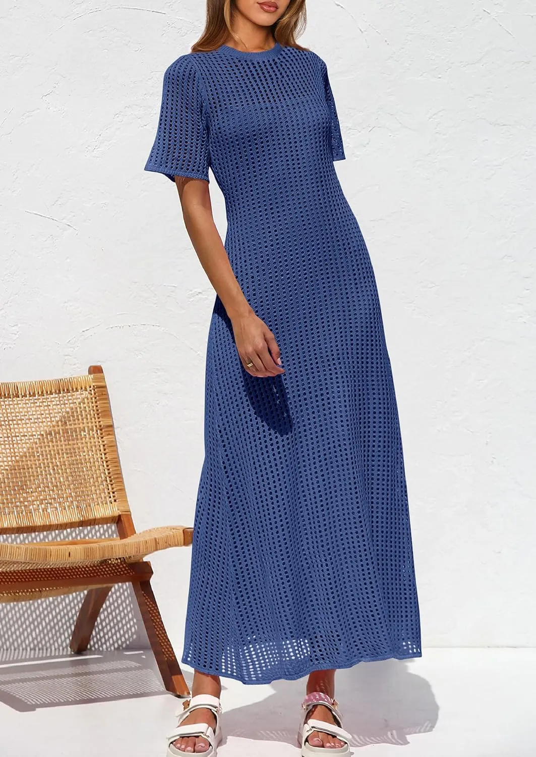 PRETTYGARDEN Womens Eyelet Cover Up Dress 2025 Summer Vacation Resort Maxi Dresses Beach Short Sleeve Hollow Out Sundress