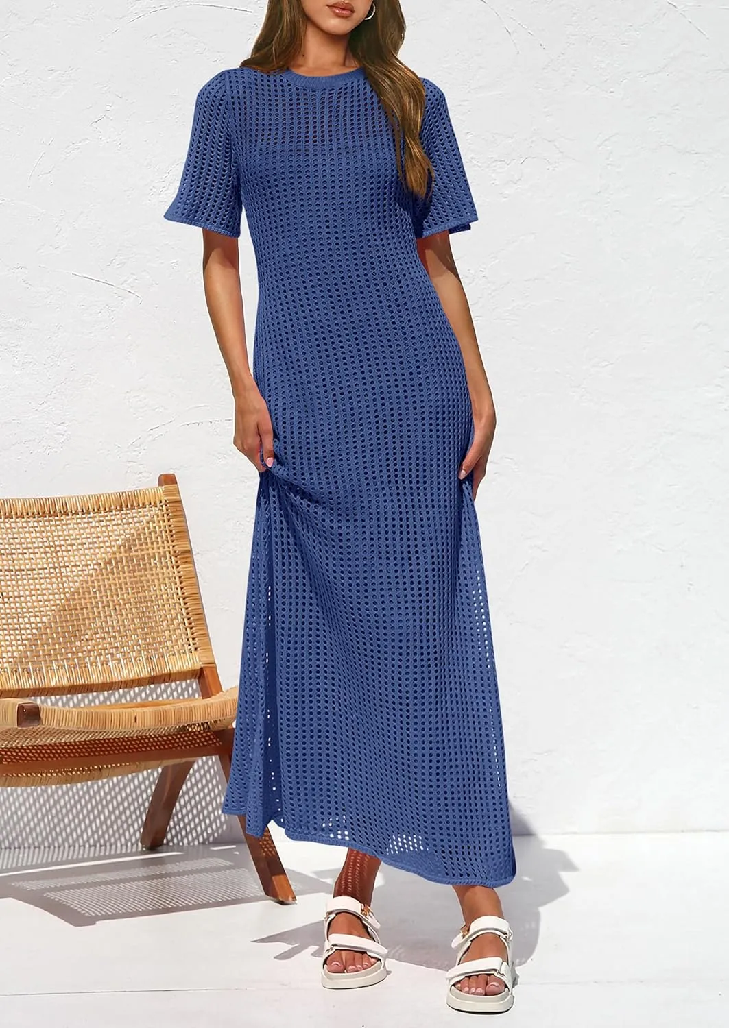 PRETTYGARDEN Womens Eyelet Cover Up Dress 2025 Summer Vacation Resort Maxi Dresses Beach Short Sleeve Hollow Out Sundress