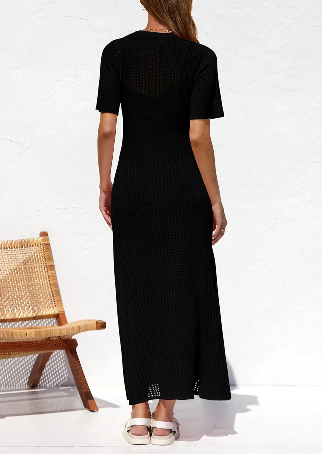 PRETTYGARDEN Womens Eyelet Cover Up Dress 2025 Summer Vacation Resort Maxi Dresses Beach Short Sleeve Hollow Out Sundress