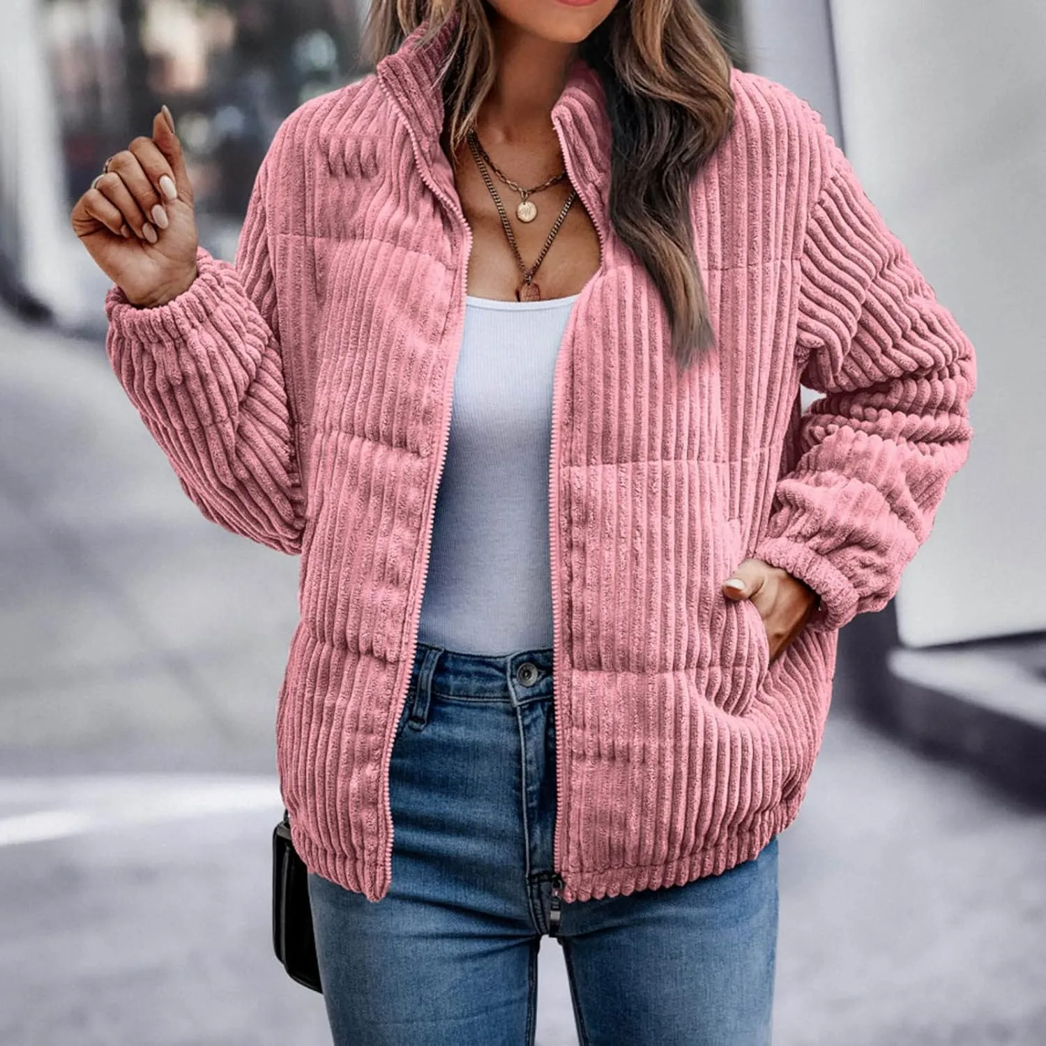 Quilted Jacket for Women Long Sleeve Zipper Puffer Jackets Loose Comfy Outdoor Tour Overcoat 2024 Winter Warm Outwear