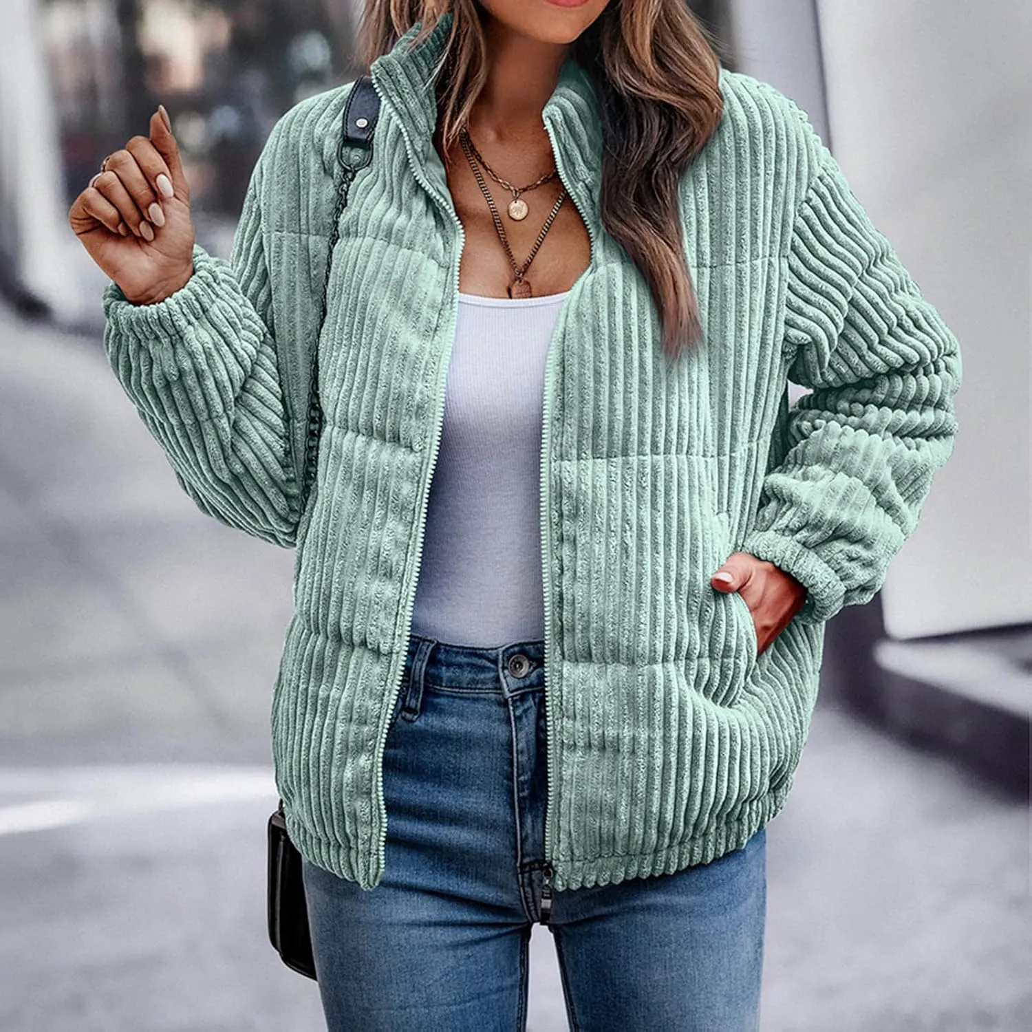Quilted Jacket for Women Long Sleeve Zipper Puffer Jackets Loose Comfy Outdoor Tour Overcoat 2024 Winter Warm Outwear