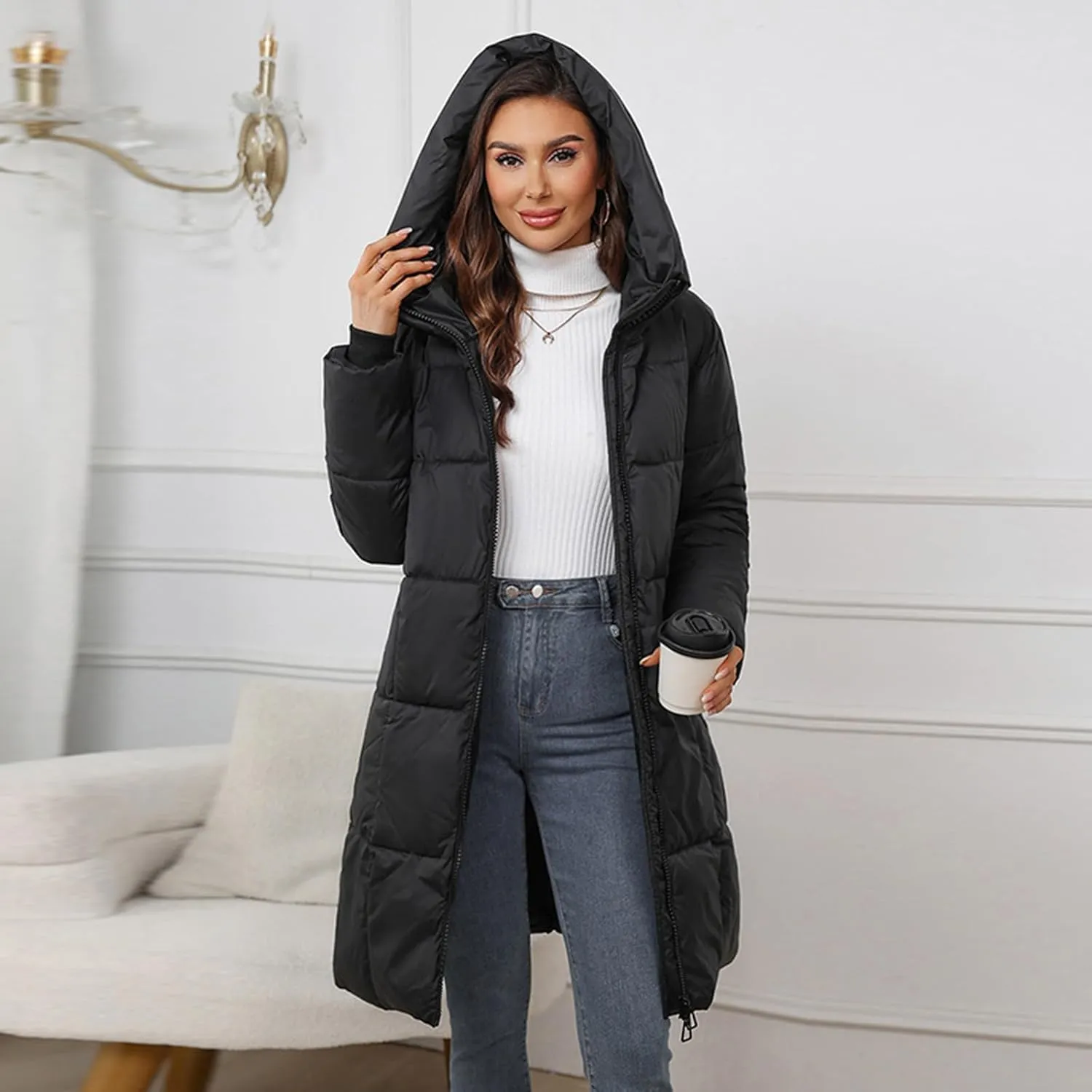 Quilted Jackets for Women Winter Thicken Puffer Coats Warm Down Jackets Zip Up Hood Outwear Casual Puffer Jacket