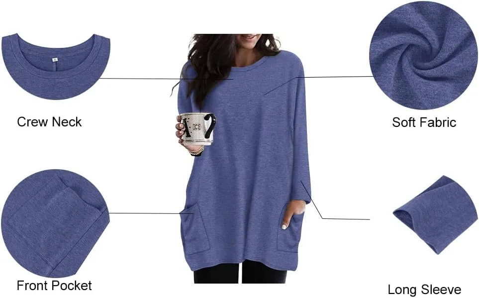 RITERA Plus Size Top for Women Long Sleeve Tunic Tops Winter Shirts Fall Casual T-shirts with Pockets Crewneck XL-5XL