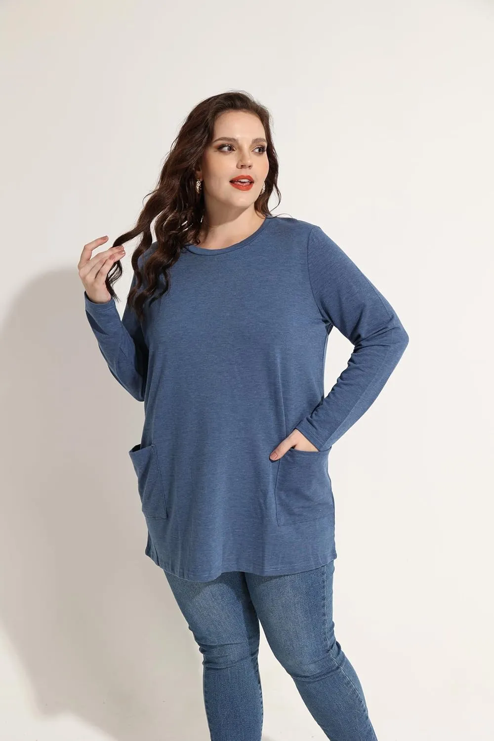 RITERA Plus Size Top for Women Long Sleeve Tunic Tops Winter Shirts Fall Casual T-shirts with Pockets Crewneck XL-5XL