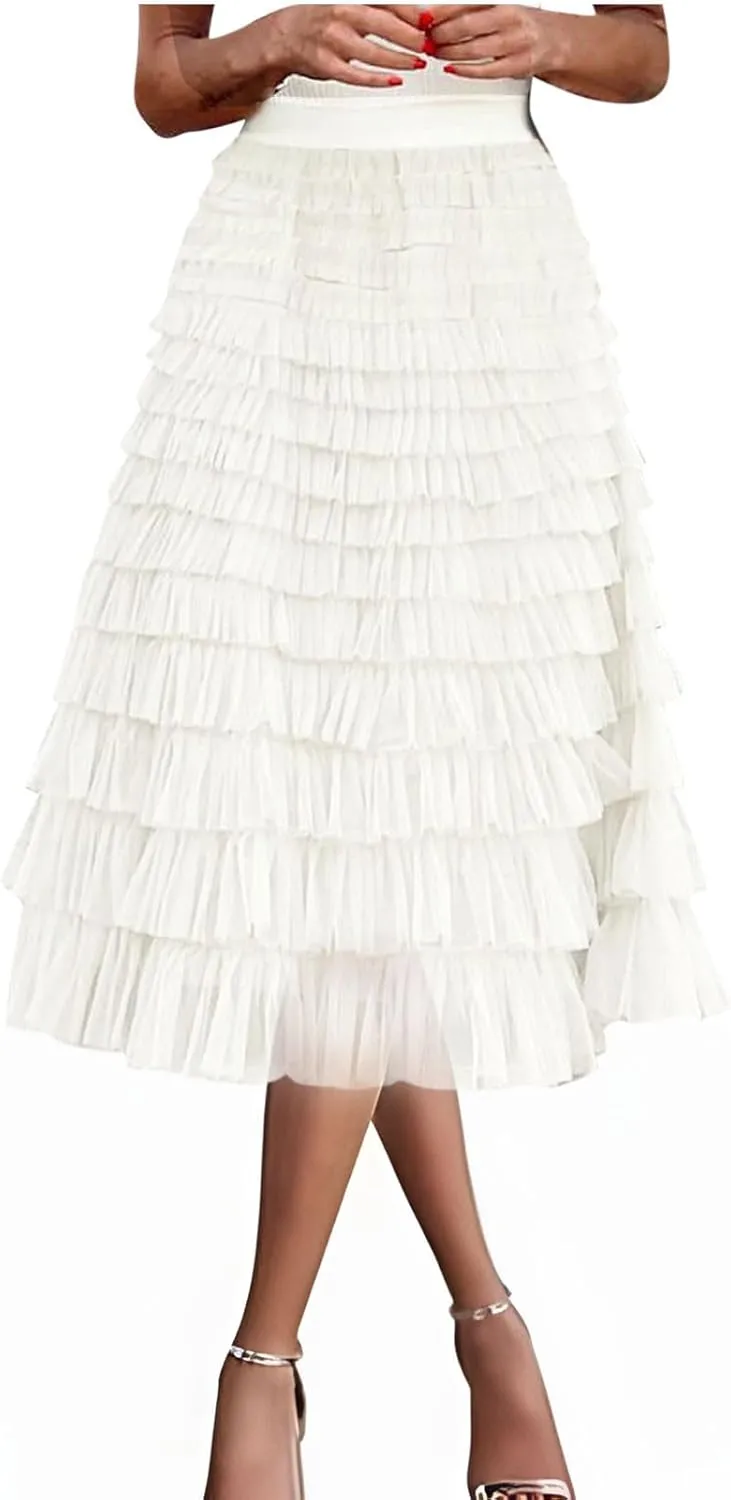 Ruffle Tiered Tulle Skirt for Women Elastic Waist Midi Mesh Skirts Elegant Party Wedding Outfits