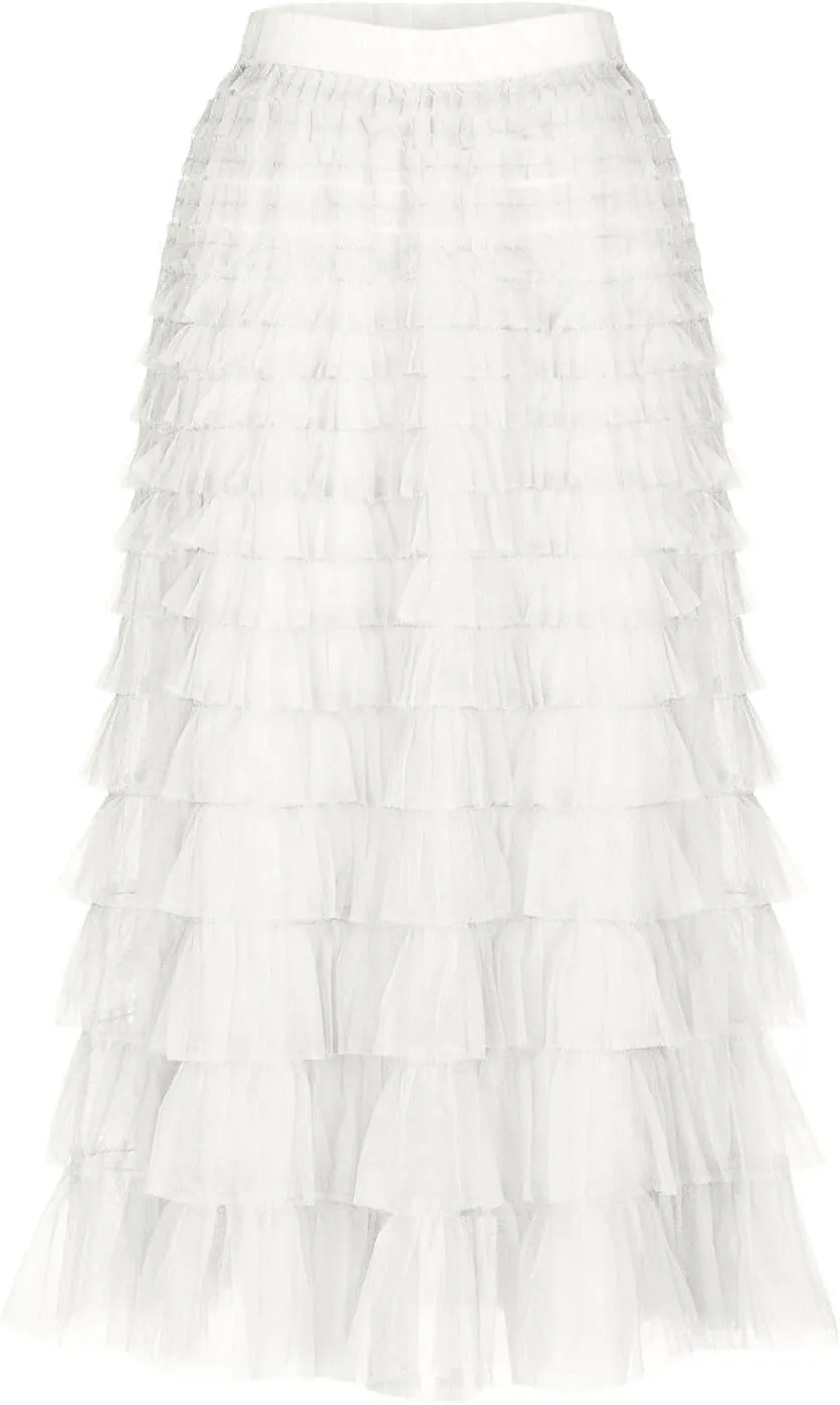 Ruffle Tiered Tulle Skirt for Women Elastic Waist Midi Mesh Skirts Elegant Party Wedding Outfits