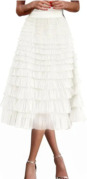 Ruffle Tiered Tulle Skirt for Women Elastic Waist Midi Mesh Skirts Elegant Party Wedding Outfits