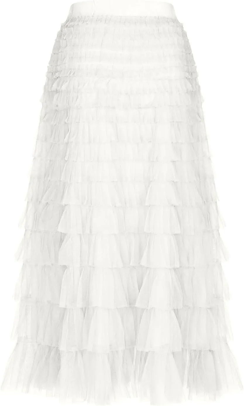 Ruffle Tiered Tulle Skirt for Women Elastic Waist Midi Mesh Skirts Elegant Party Wedding Outfits