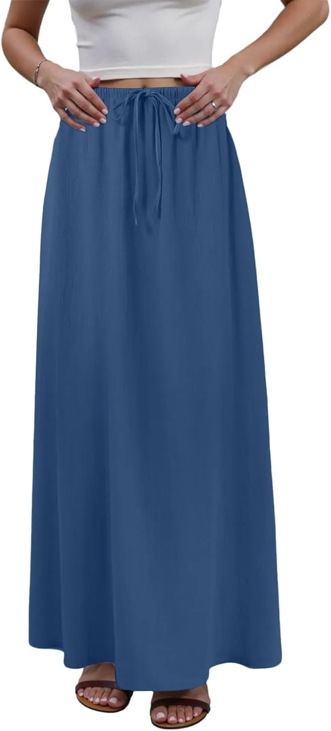 Rvidbe Summer Skirts for Women 2025 Vacation Comfortable Drawstring Waist Vacation Boho Flowy Skirts Solid Color Beach Skirts