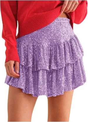 Sequin Skirt Women Glitter Mini Skirts Sparkle Short Skirt High Waist Ruffle Skirts Shiny Flowy Skirt Pleated Skirts