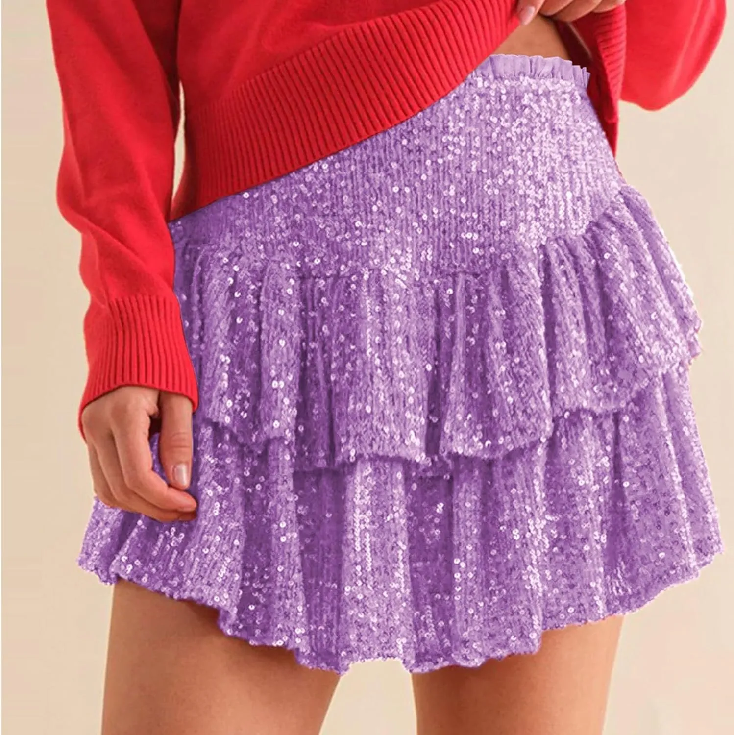 Sequin Skirt Women Glitter Mini Skirts Sparkle Short Skirt High Waist Ruffle Skirts Shiny Flowy Skirt Pleated Skirts