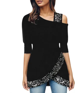 Sequin Tops for Women Long Sleeve Strappy Asymmetrical Hem Pullover Tunic Tops Casual Dressy Elegant Shirts Blouse