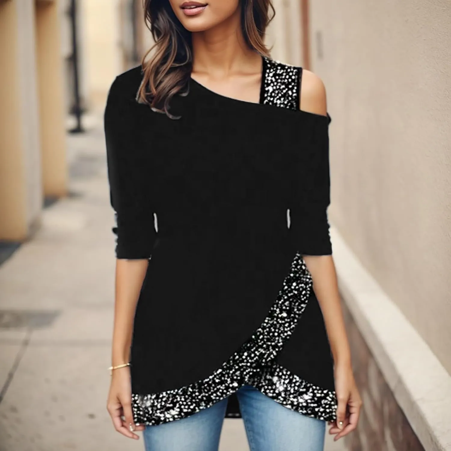 Sequin Tops for Women Long Sleeve Strappy Asymmetrical Hem Pullover Tunic Tops Casual Dressy Elegant Shirts Blouse