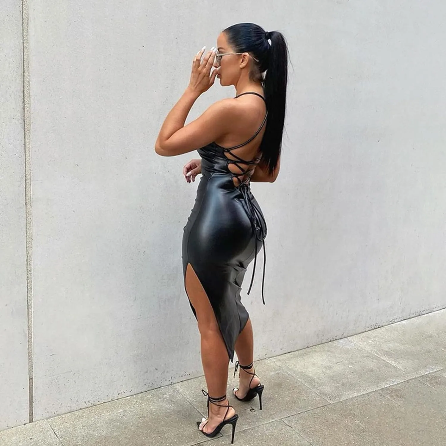Sexy Suspender Bodycon Leather Midi Dress Sleeveless Open Back Criss Cross Bandage Split PU Dress Night Party Club Wear