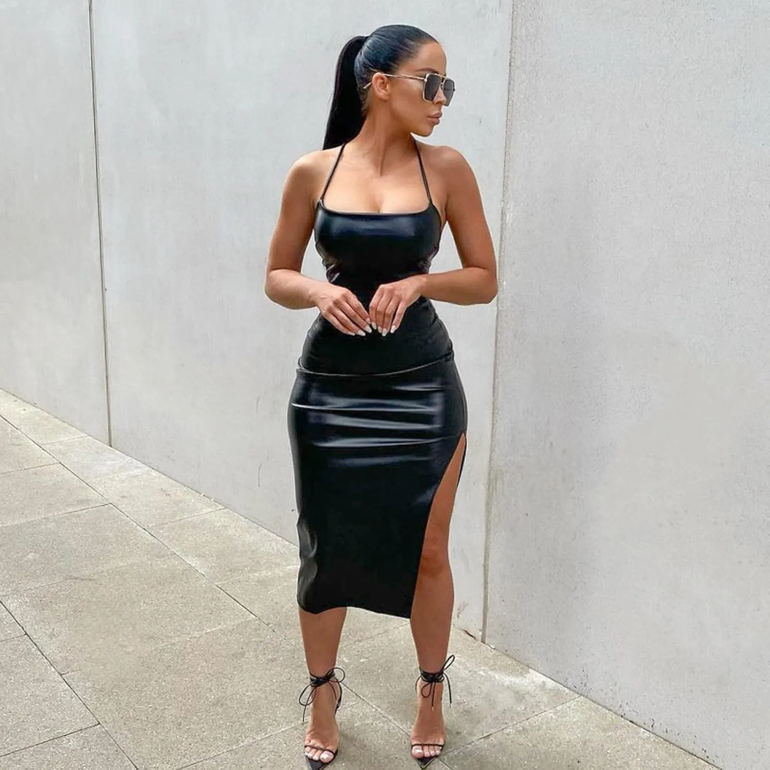 Sexy Suspender Bodycon Leather Midi Dress Sleeveless Open Back Criss Cross Bandage Split PU Dress Night Party Club Wear