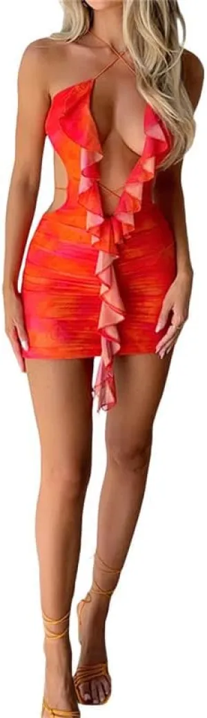 Sexy Tie Dye Cut Out Mini Dress Bandage Ruffle Bodycon Short Dresses Plunge Neck Criss Cross Going Out Dress