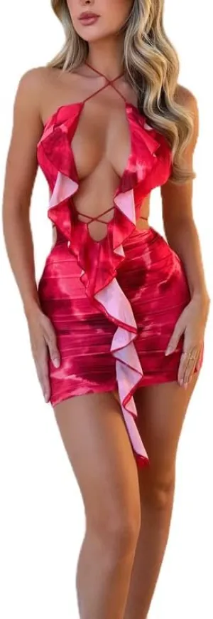 Sexy Tie Dye Cut Out Mini Dress Bandage Ruffle Bodycon Short Dresses Plunge Neck Criss Cross Going Out Dress