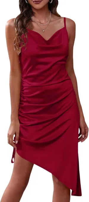 Sexyshine Women's Spaghetti Straps Backless Satin Dress Cowl Neck Sleeveless Split Cocktail Evening Party Midi Dress
