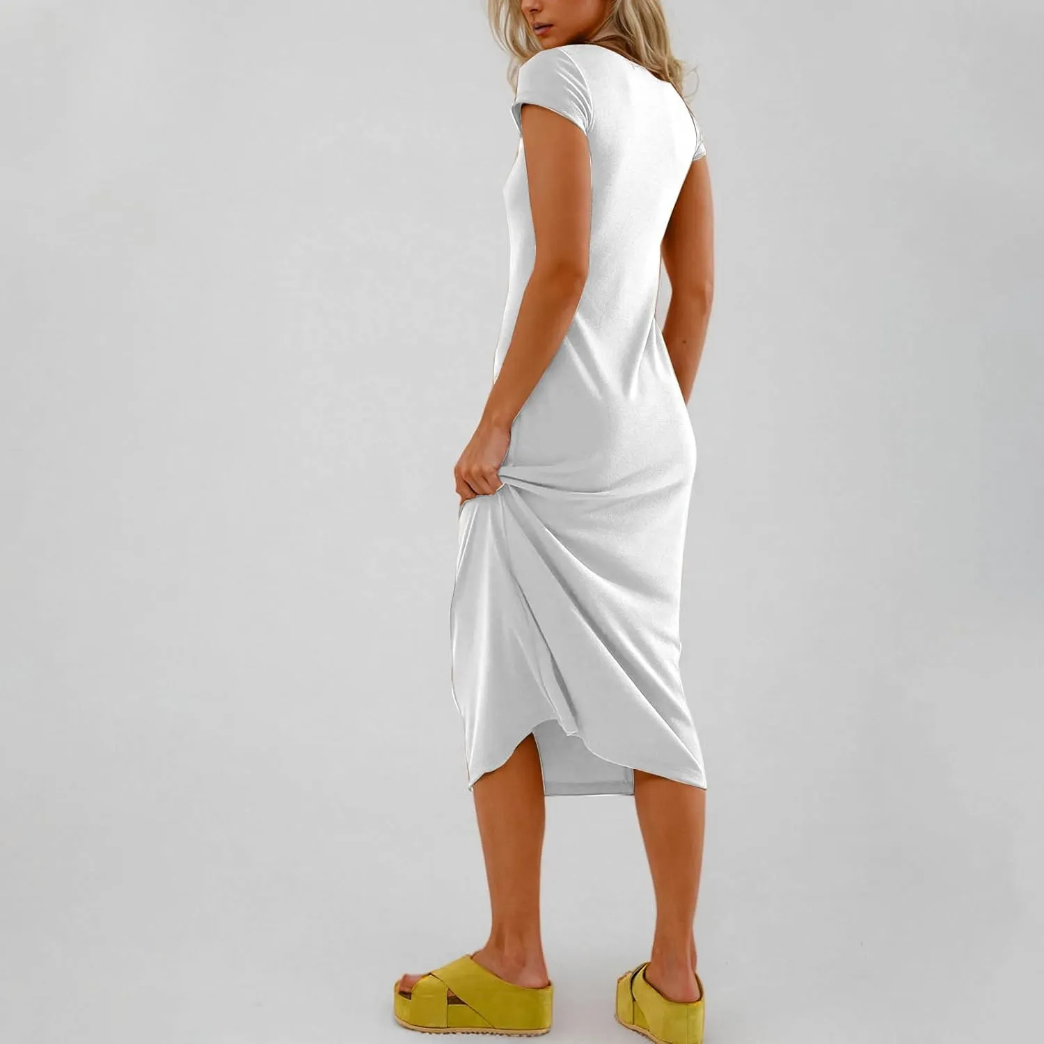 Shirt Dresses for Women Summer Casual Shift Dress Crewneck Bodycon Pencil Maxi Dress Long Length Holiday Loungewear
