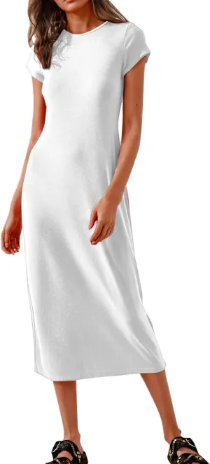 Shirt Dresses for Women Summer Casual Shift Dress Crewneck Bodycon Pencil Maxi Dress Long Length Holiday Loungewear