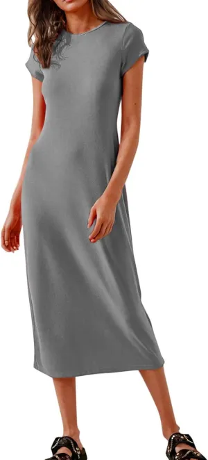 Shirt Dresses for Women Summer Casual Shift Dress Crewneck Bodycon Pencil Maxi Dress Long Length Holiday Loungewear