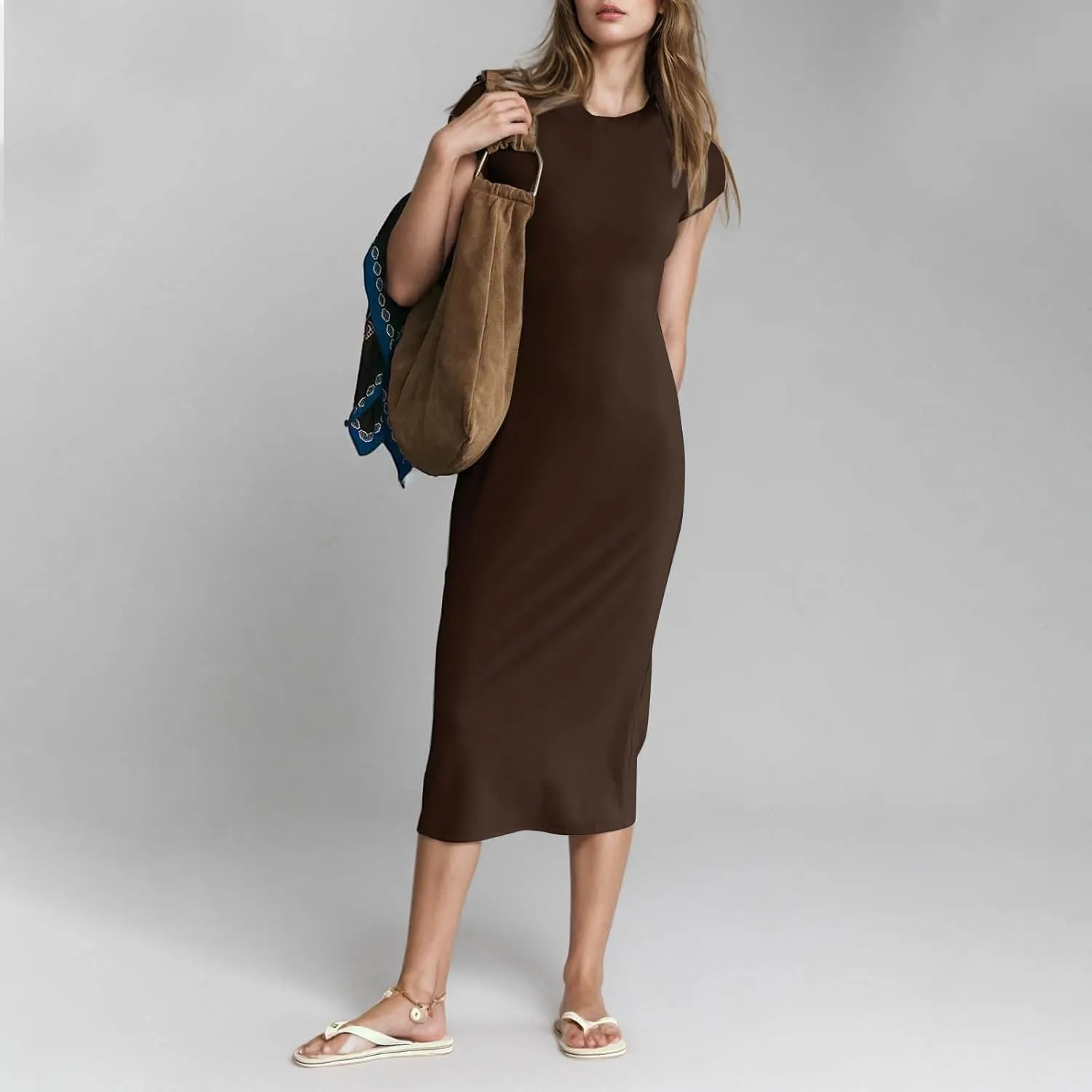 Shirt Dresses for Women Summer Casual Shift Dress Crewneck Bodycon Pencil Maxi Dress Long Length Holiday Loungewear