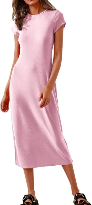 Shirt Dresses for Women Summer Casual Shift Dress Crewneck Bodycon Pencil Maxi Dress Long Length Holiday Loungewear