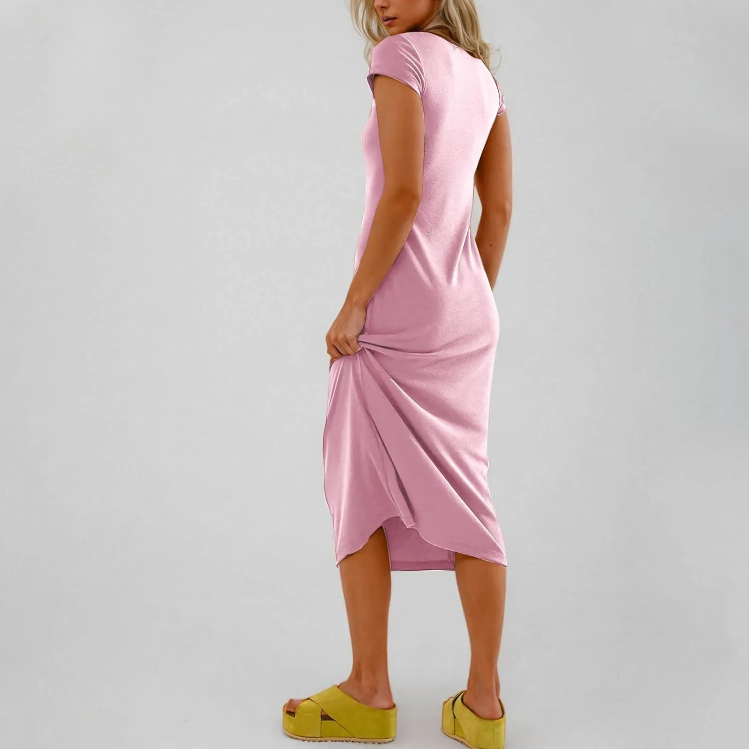Shirt Dresses for Women Summer Casual Shift Dress Crewneck Bodycon Pencil Maxi Dress Long Length Holiday Loungewear
