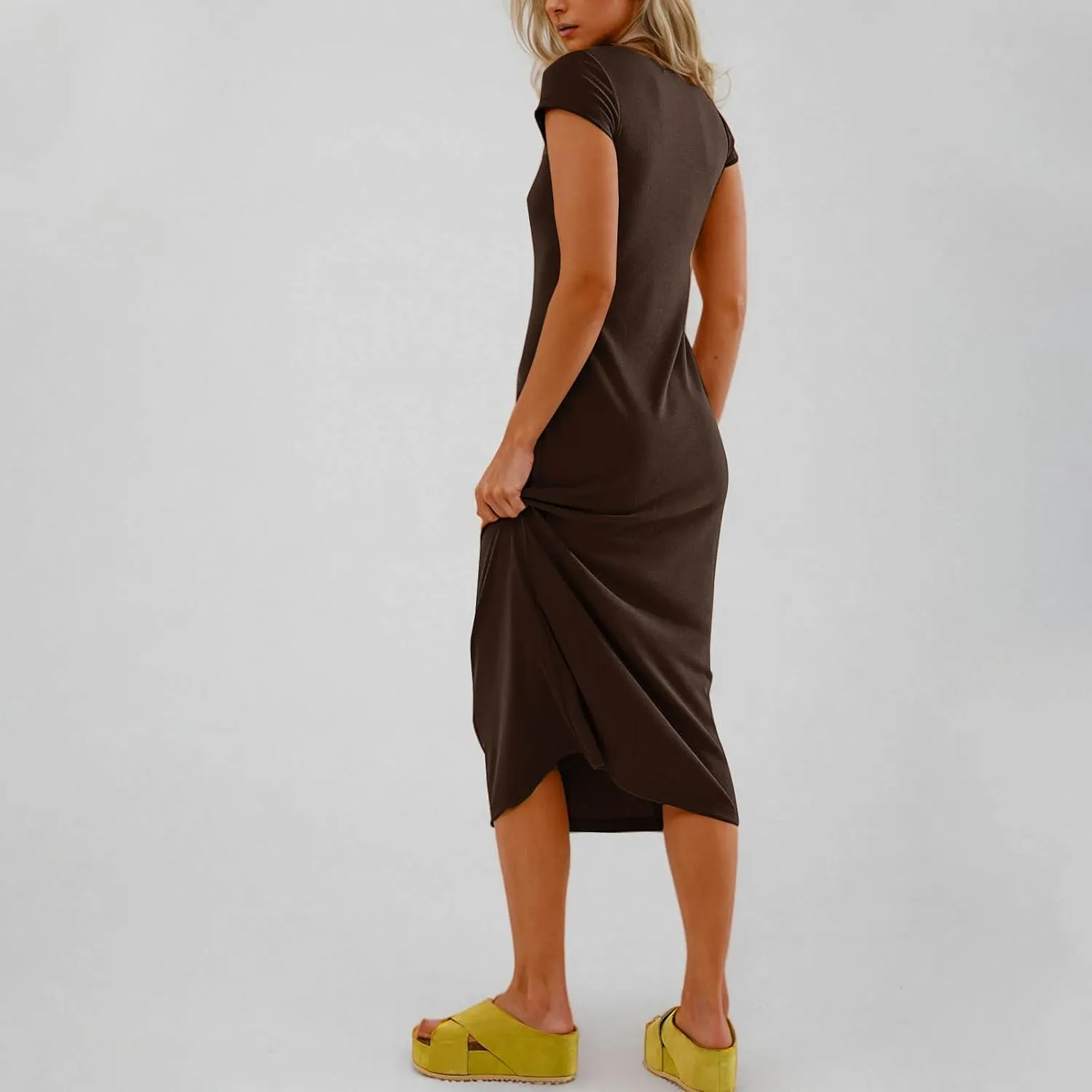 Shirt Dresses for Women Summer Casual Shift Dress Crewneck Bodycon Pencil Maxi Dress Long Length Holiday Loungewear