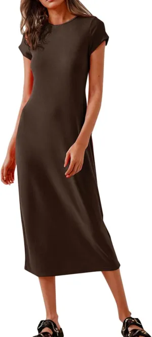 Shirt Dresses for Women Summer Casual Shift Dress Crewneck Bodycon Pencil Maxi Dress Long Length Holiday Loungewear