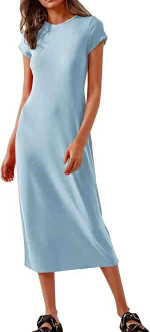Shirt Dresses for Women Summer Casual Shift Dress Crewneck Bodycon Pencil Maxi Dress Long Length Holiday Loungewear