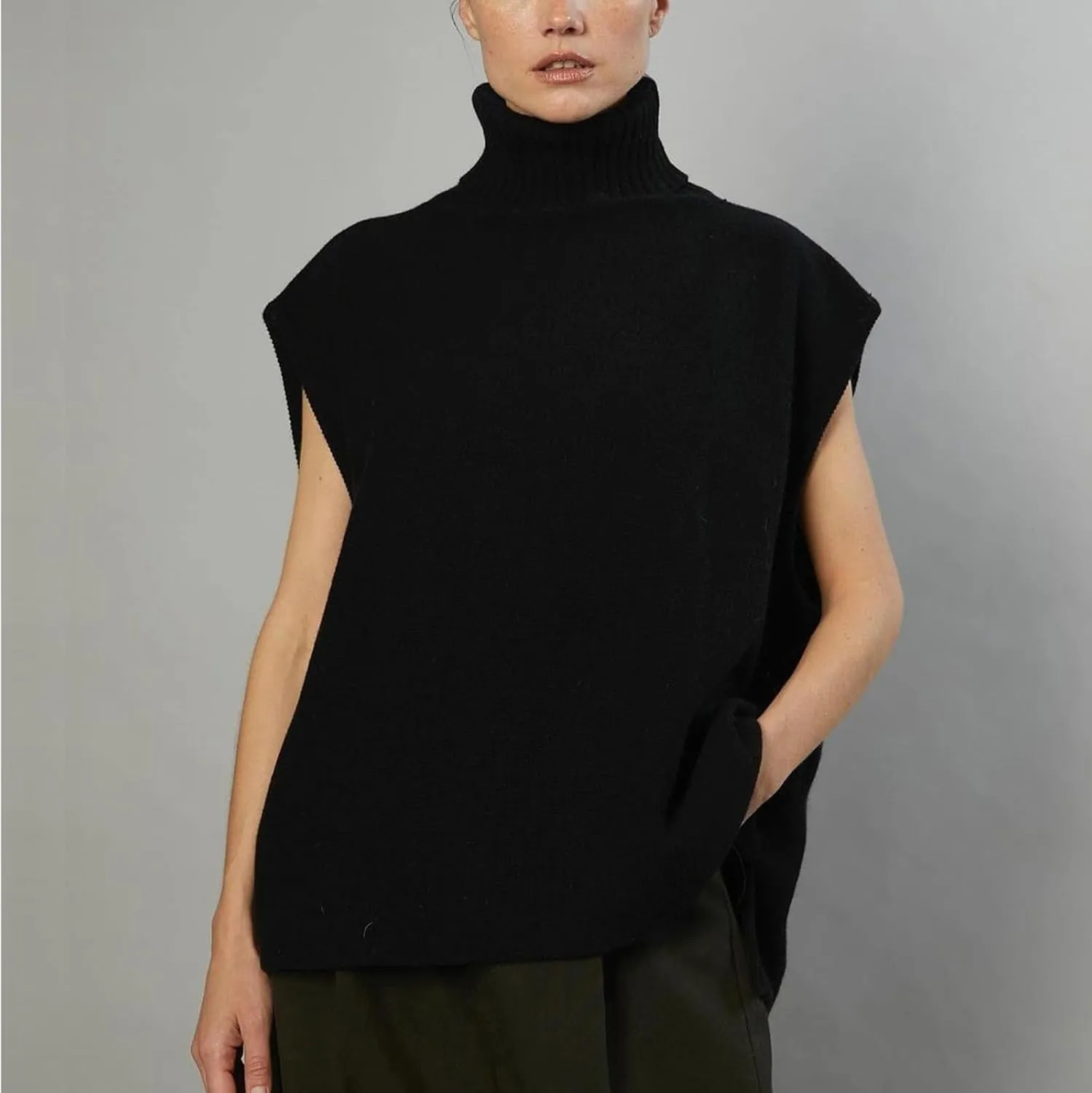 Sinzelimin Women's Turtleneck Sweater Tank Tops Fashion Sleeveless Round-Neck Oversized Sweatshirt Knitted Pullover Vest Tops
