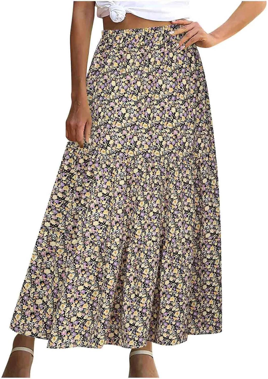 Skirts for Women 2024 Elegant Swiss Dot Stretch High Waist Boho Skirts Summer Causal Floral Print A-Line Maxi Skirts