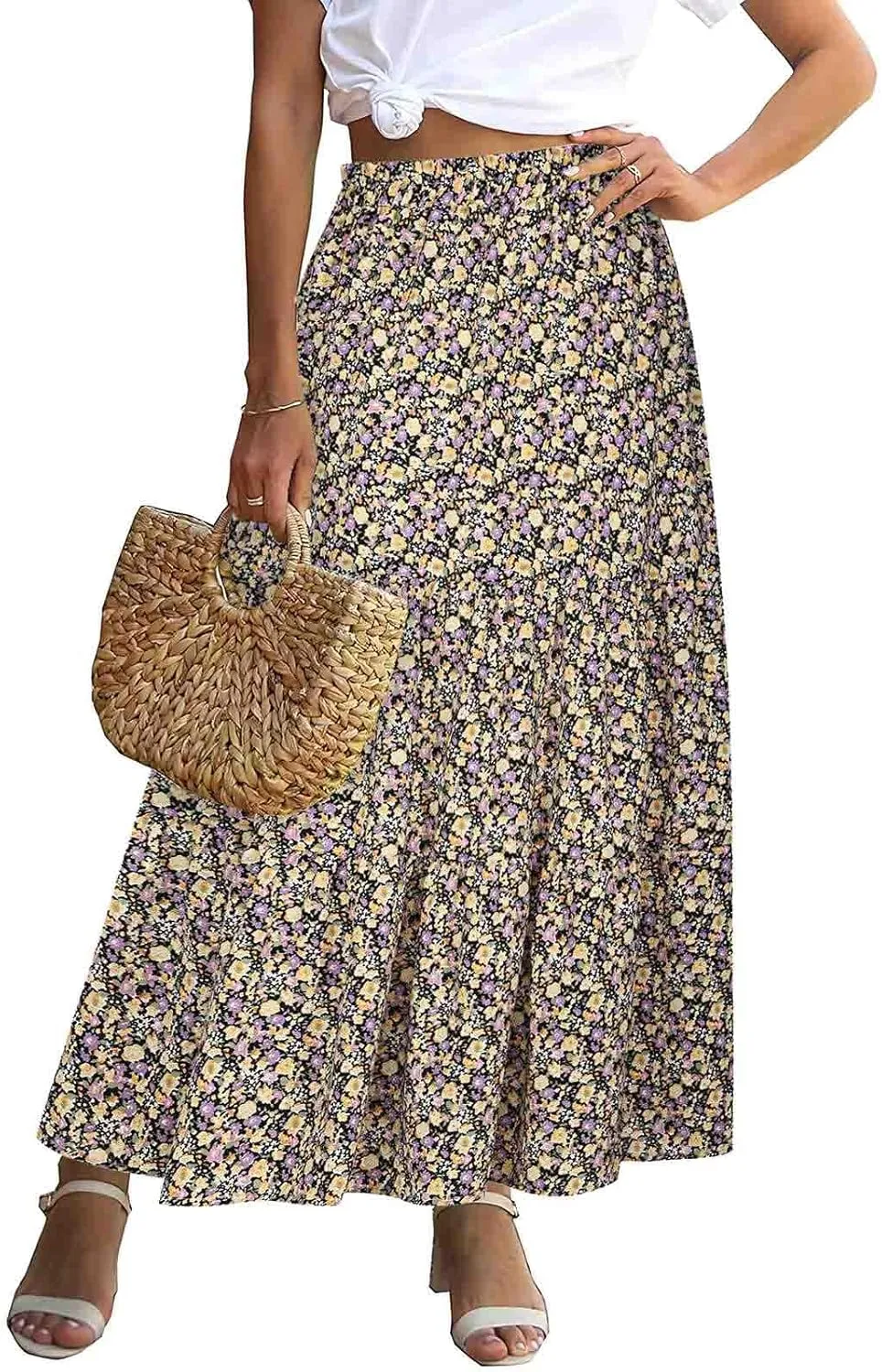 Skirts for Women 2024 Elegant Swiss Dot Stretch High Waist Boho Skirts Summer Causal Floral Print A-Line Maxi Skirts