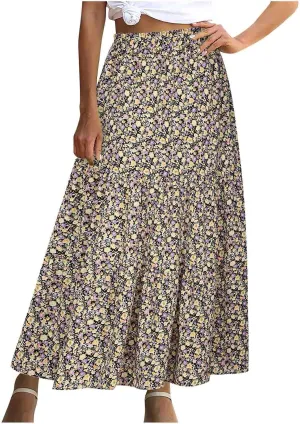 Skirts for Women 2024 Elegant Swiss Dot Stretch High Waist Boho Skirts Summer Causal Floral Print A-Line Maxi Skirts