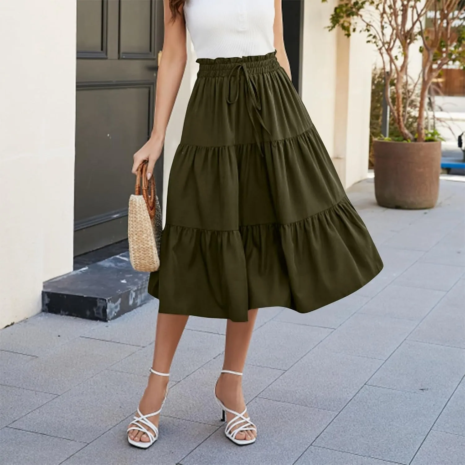 Skirts for Women Summer Flowy Tiered Elastic High Waisted Skirt Vacation A-Line Swing Long Floral Midi Skirts